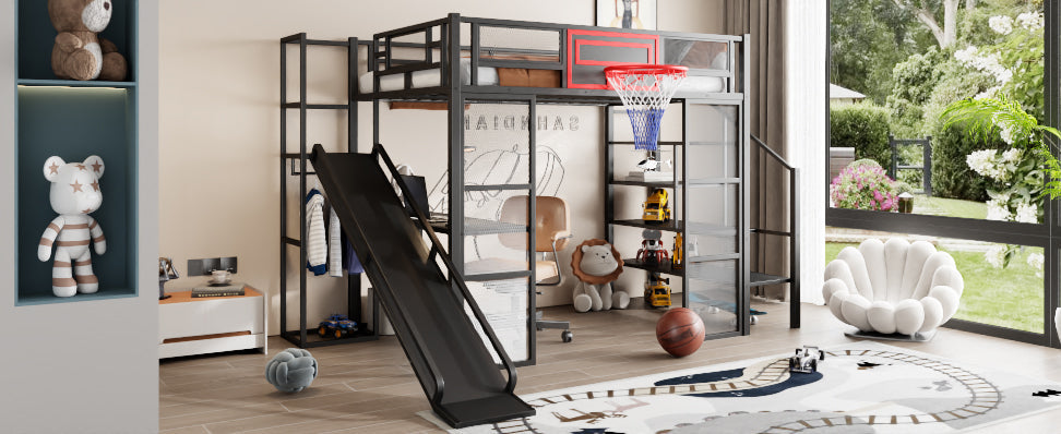 Full Size Metal Loft Bed with Built-in Desk, Open Wardrobe, Basketball Hoop, Slide and Staircase