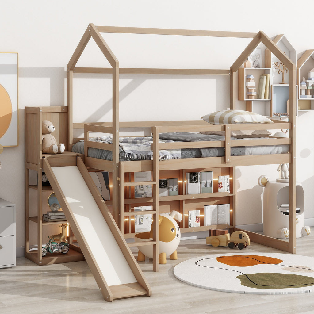 Twin Size Wood House Loft Bed with Slide, Storage Shelves and Light