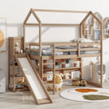 Twin Size Wood House Loft Bed with Slide, Storage Shelves and Light