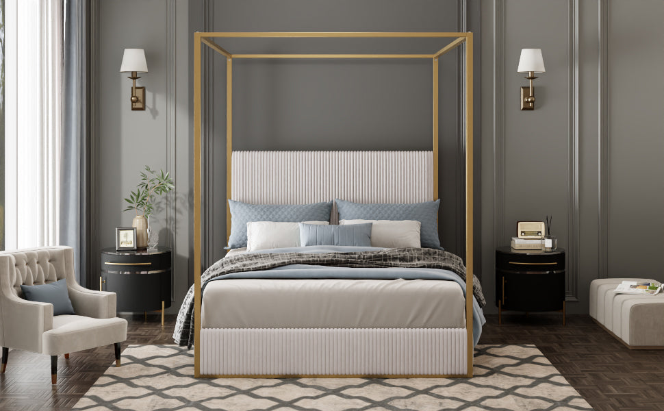Modern Luxury Metal Canopy Bed with Tall Corduroy Upholstered Headboard