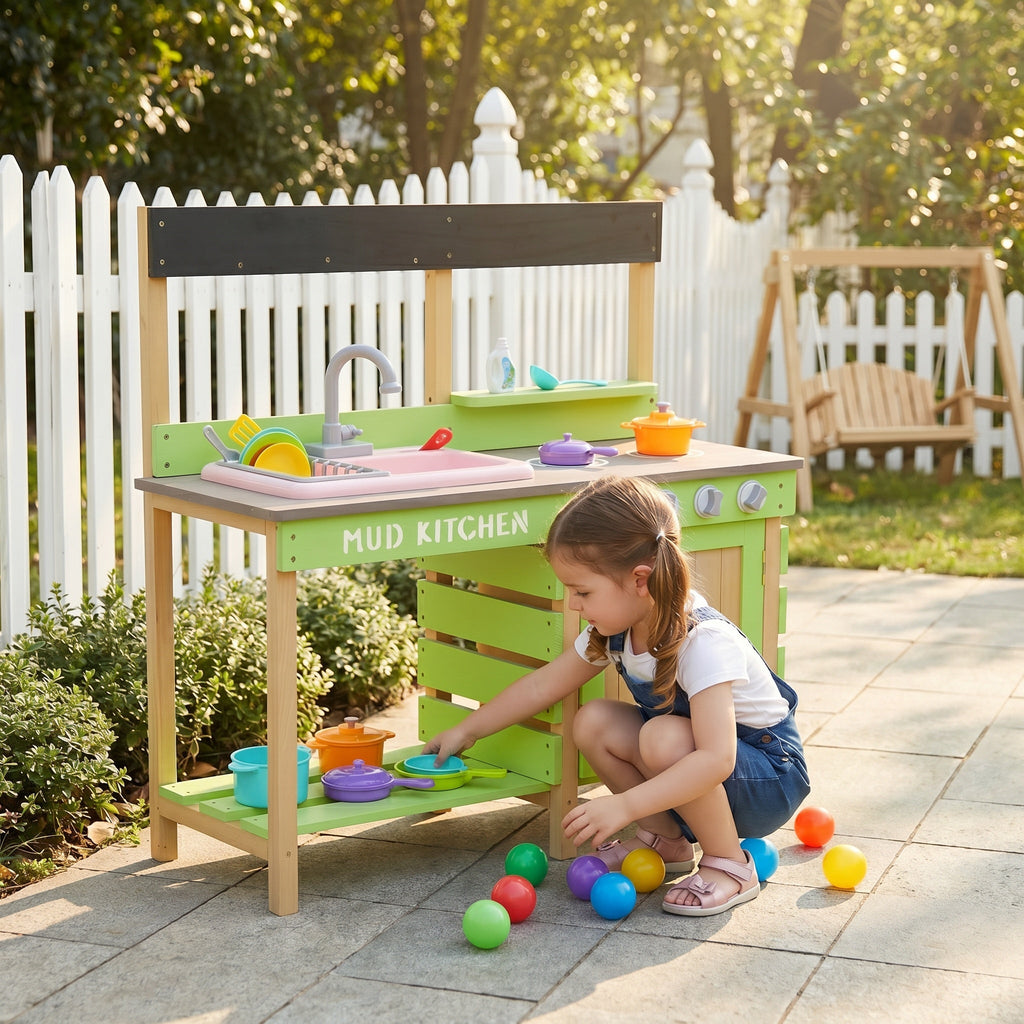 Kids Play Kitchen - Wood Mud Kitchen with Water Play Set