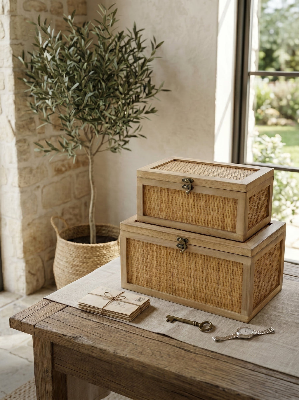 Set of 2 Woven Rattan Decorative Boxes