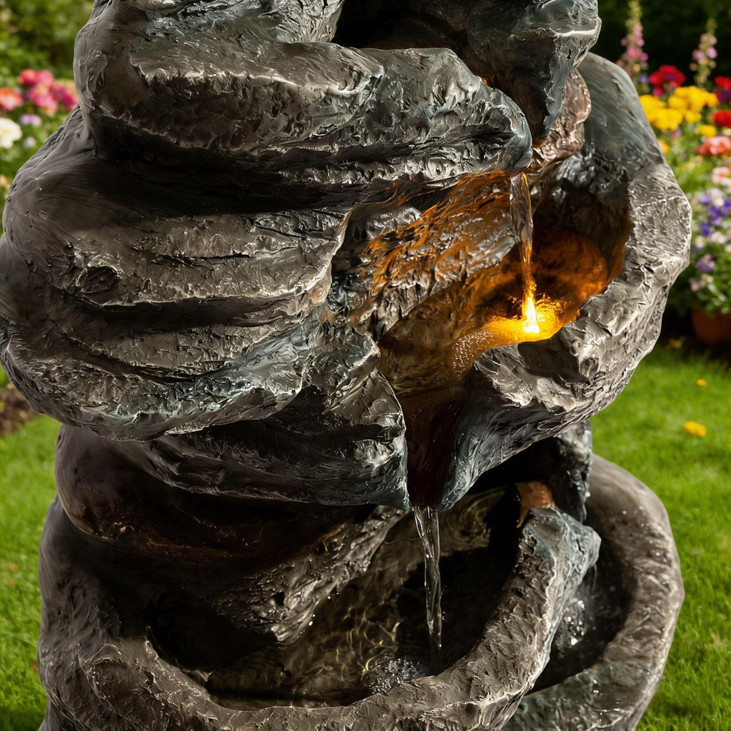 6-Tier Outdoor Cascading Stone Water Fountain with LED Lights