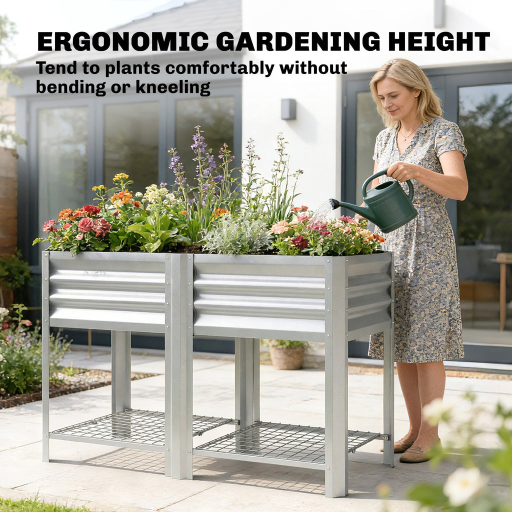 Outsunny Galvanized Steel Raised Garden Bed with Storage Shelf