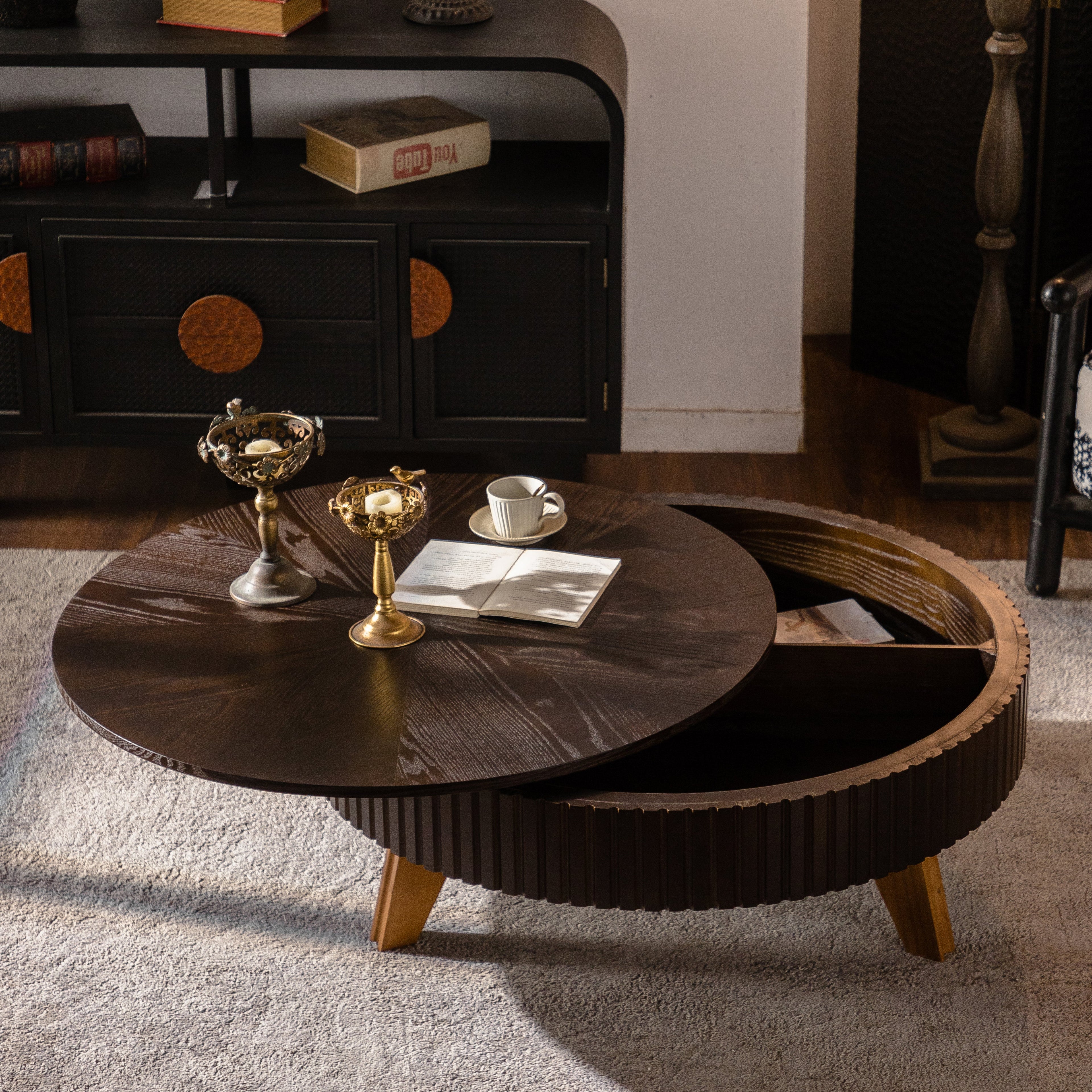 39.37" Retro Round Coffee Table with Storage Space