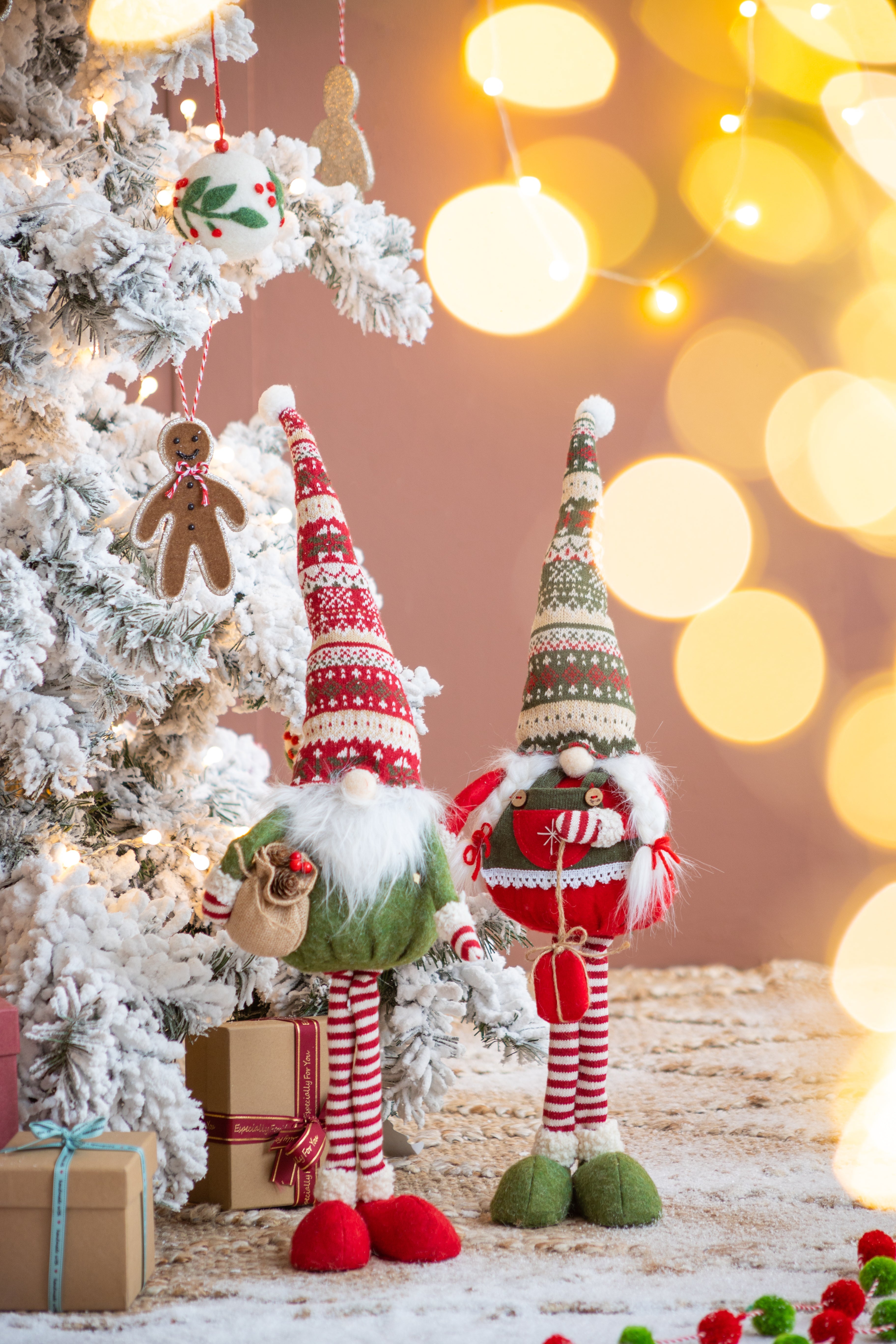 Set of 2 Fabric Standing Holiday Gnomes with Knit Hats