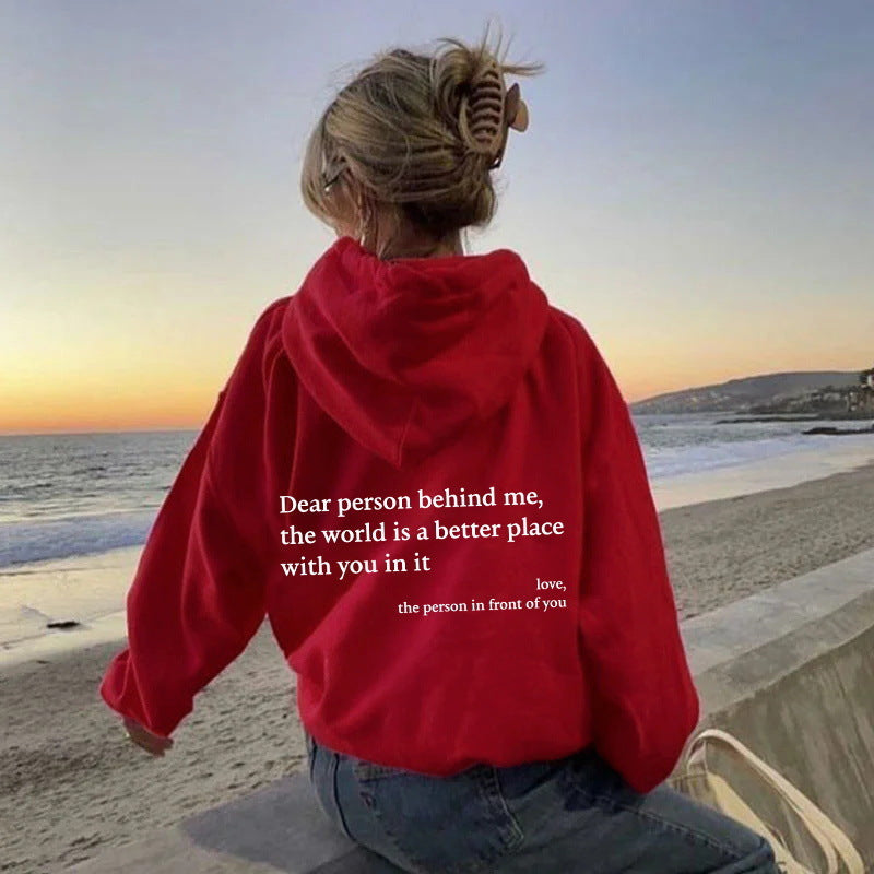 Womens Letter-Print Pocket Drawstring Hoodie With Fleece Lining