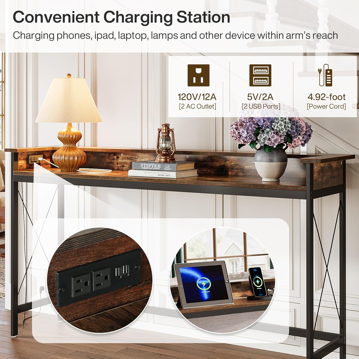 70.9" Extra Long Console Table with Power Outlets & USB Ports