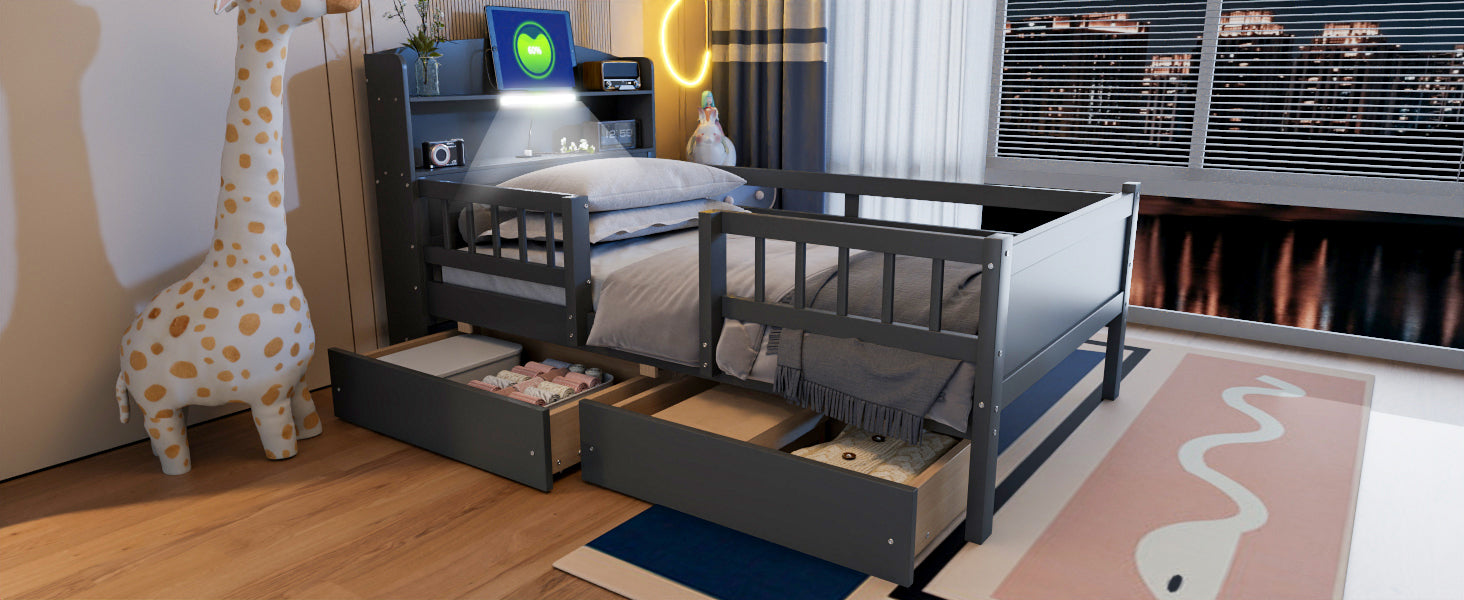 Wood Twin Size Platform Bed with Built-in LED Light