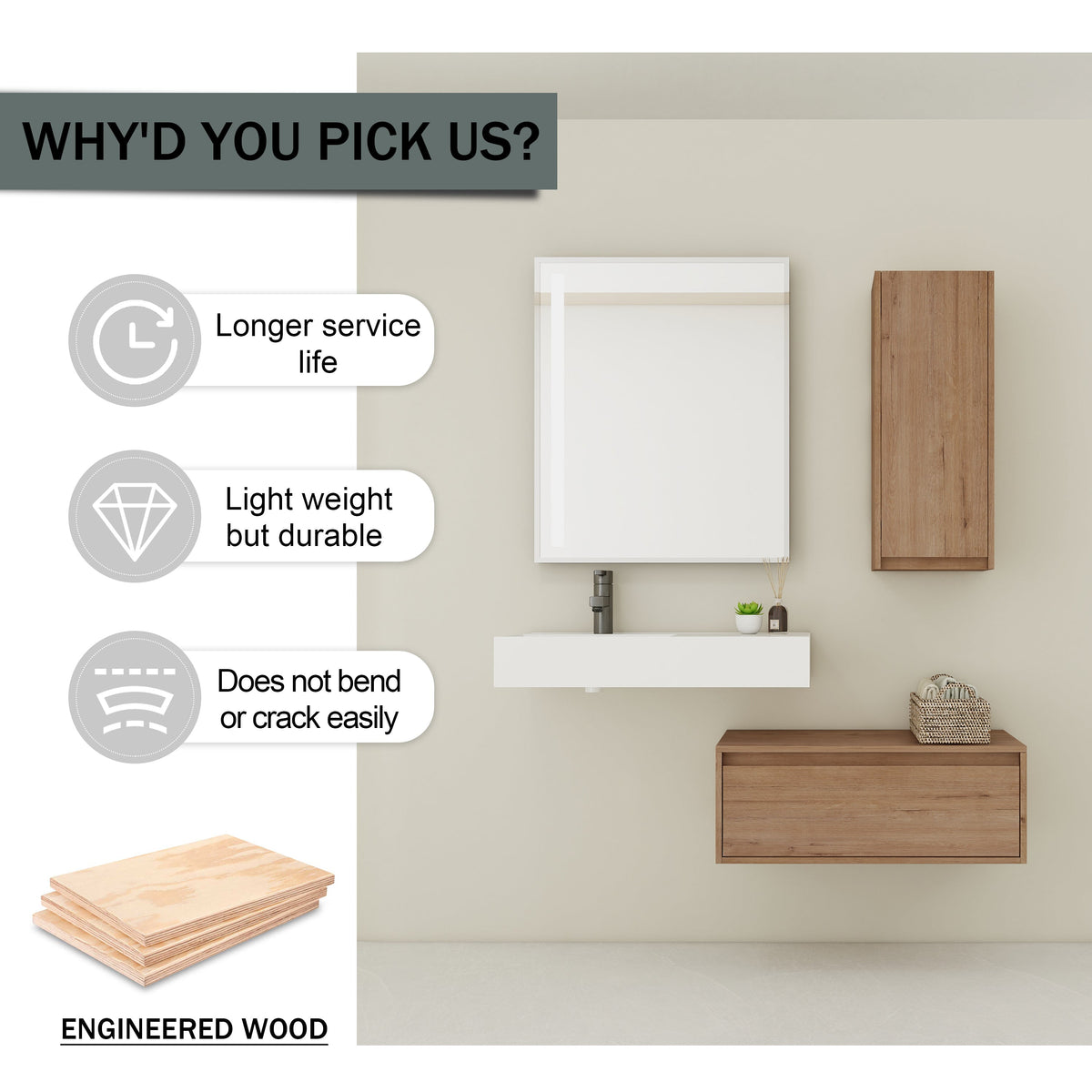30 Inch Wall-Mounted Bathroom Vanity with Resin Sink and Side Cabinet