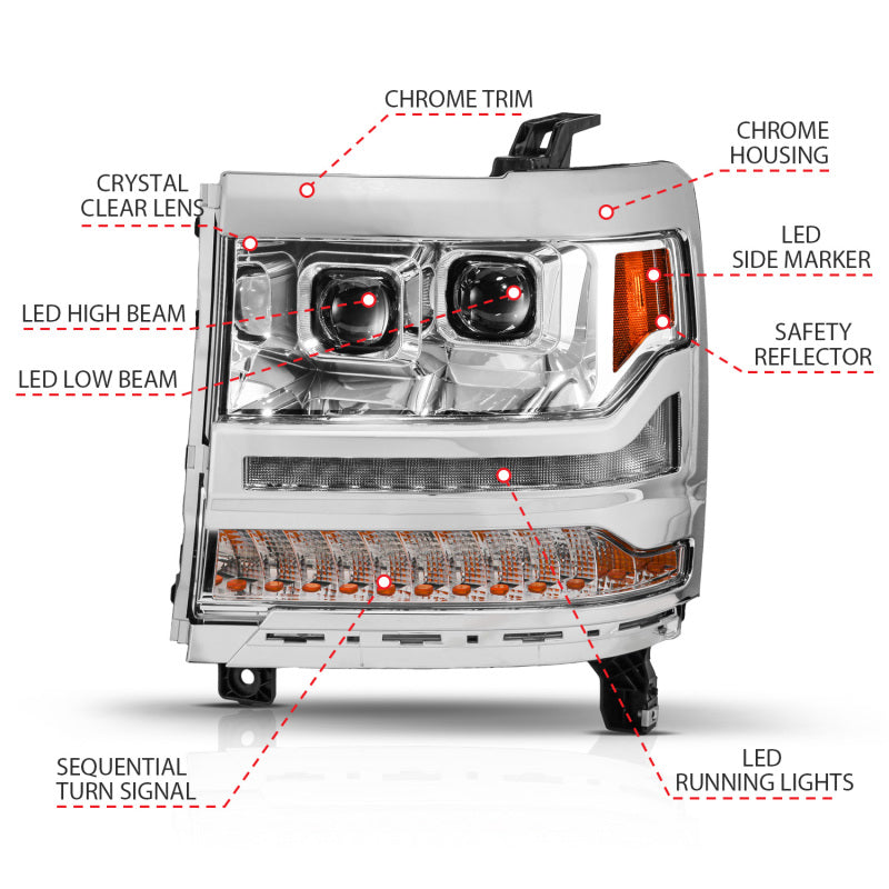 ANZO 16-18 Chevy Silverado 1500 (Factory HID Models ONLY) Full LED Proj Headlights Chrome - Pair 111623A