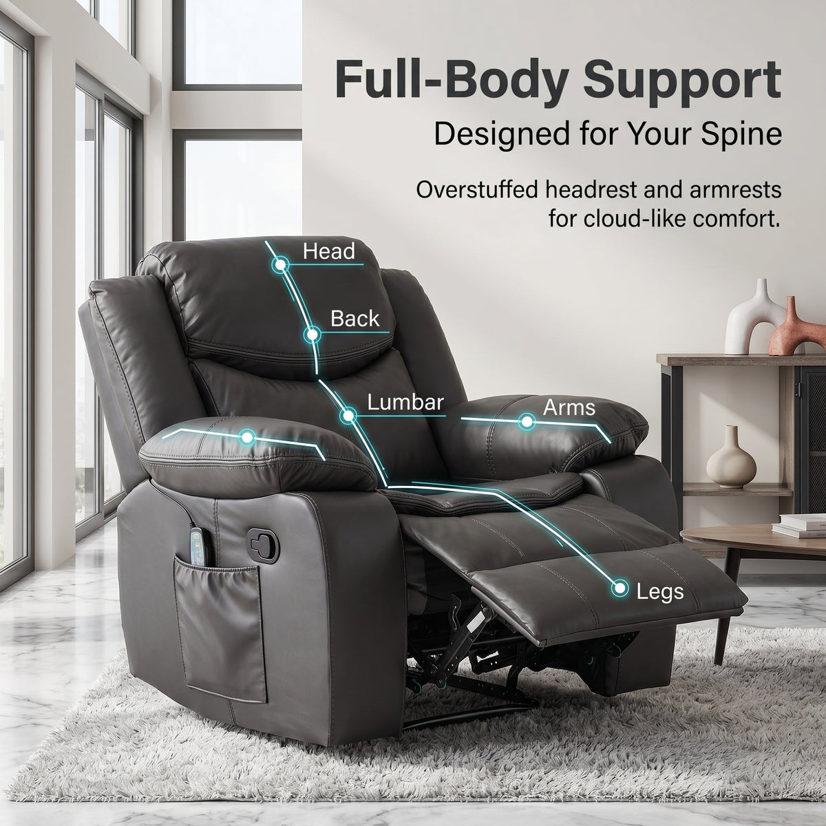 Grey Air Leather Recliner Chair With Vibration And Heating