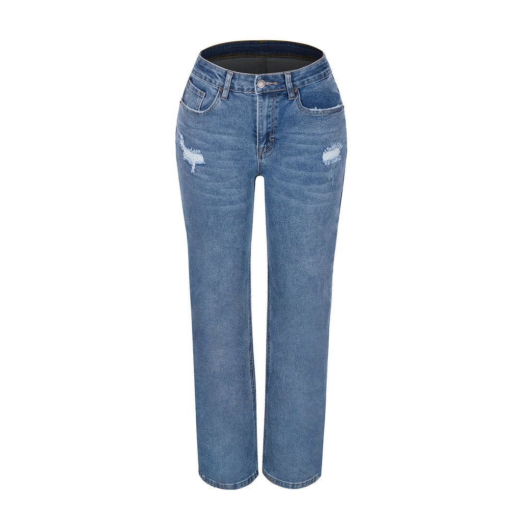 Women's Loose-fit Straight-leg Ripped High-elastic Jeans