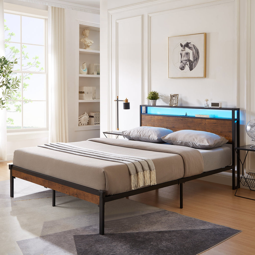 Queen Size Metal Platform Bed Frame with Wooden Headboard