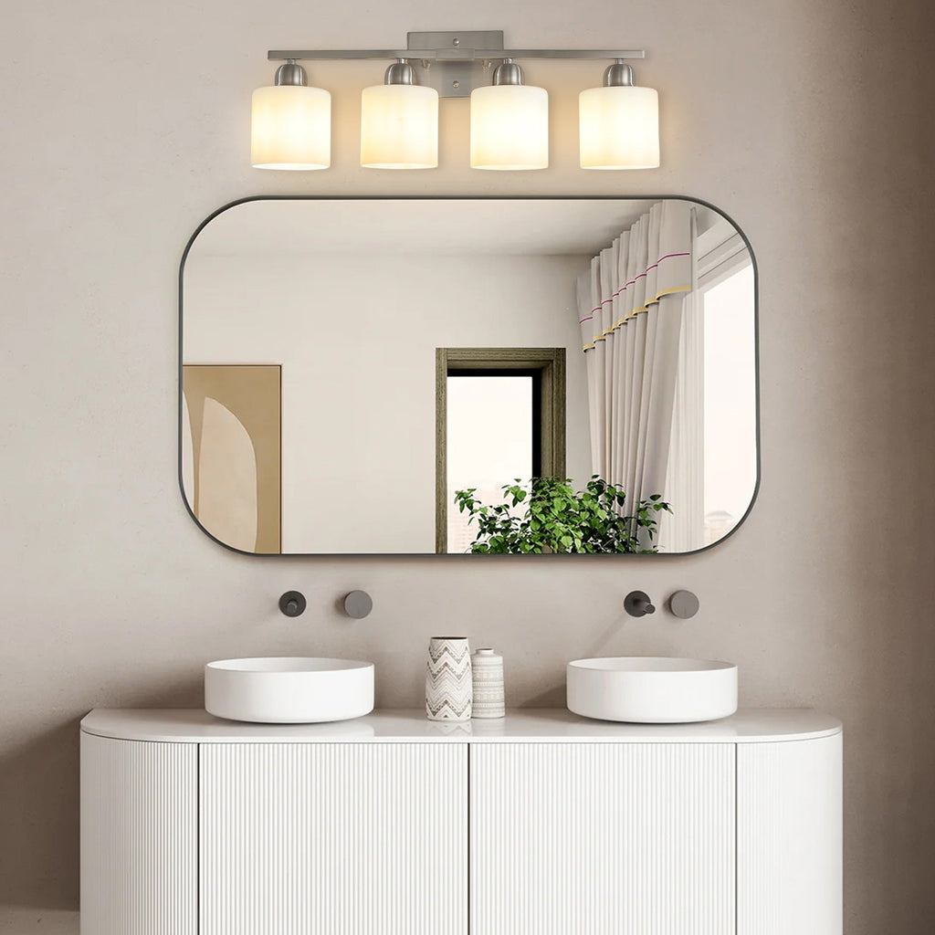 Modern 4-Light Bathroom Fixture with Nickel Finish and Milky