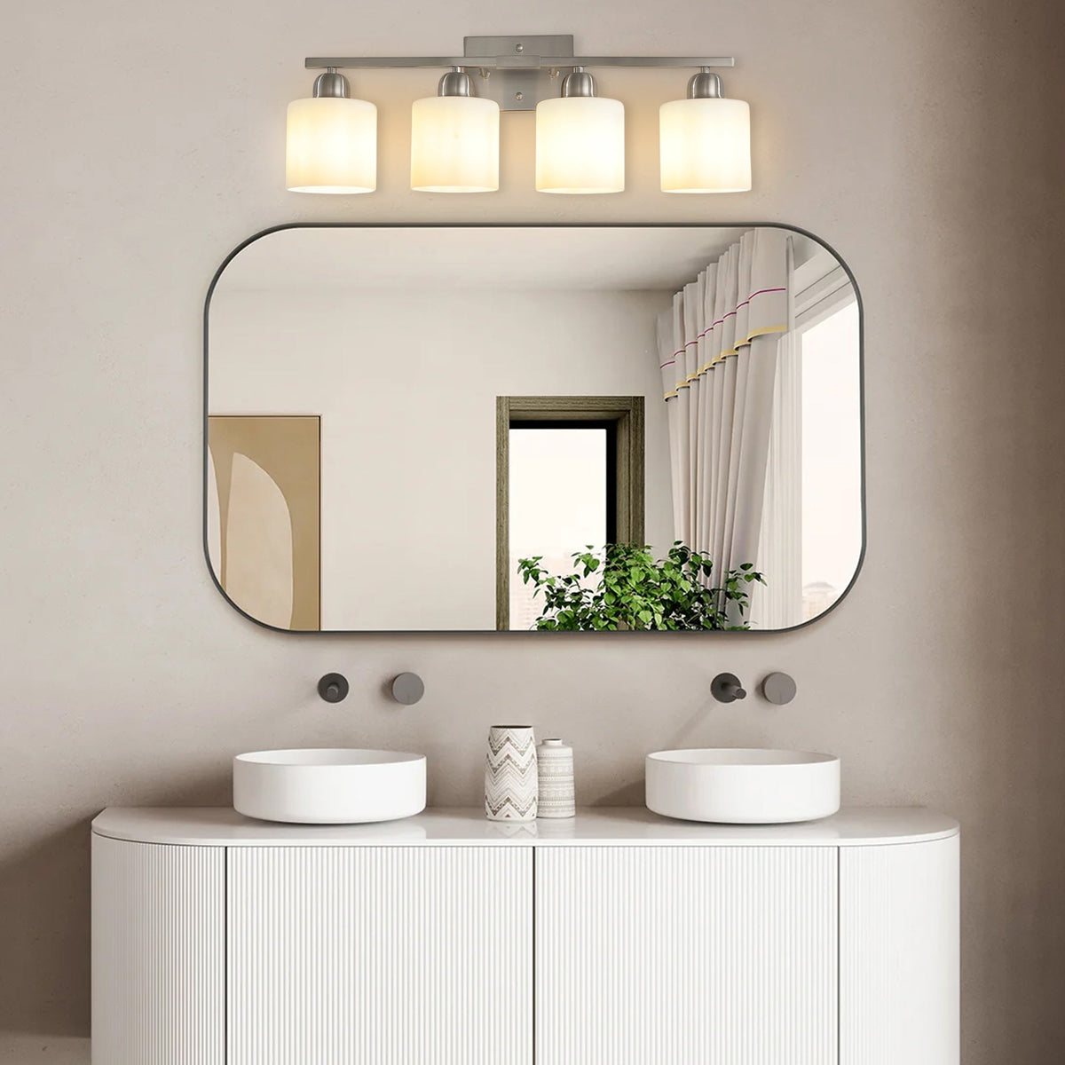 Modern 4-Light Bathroom Fixture with Nickel Finish and Milky