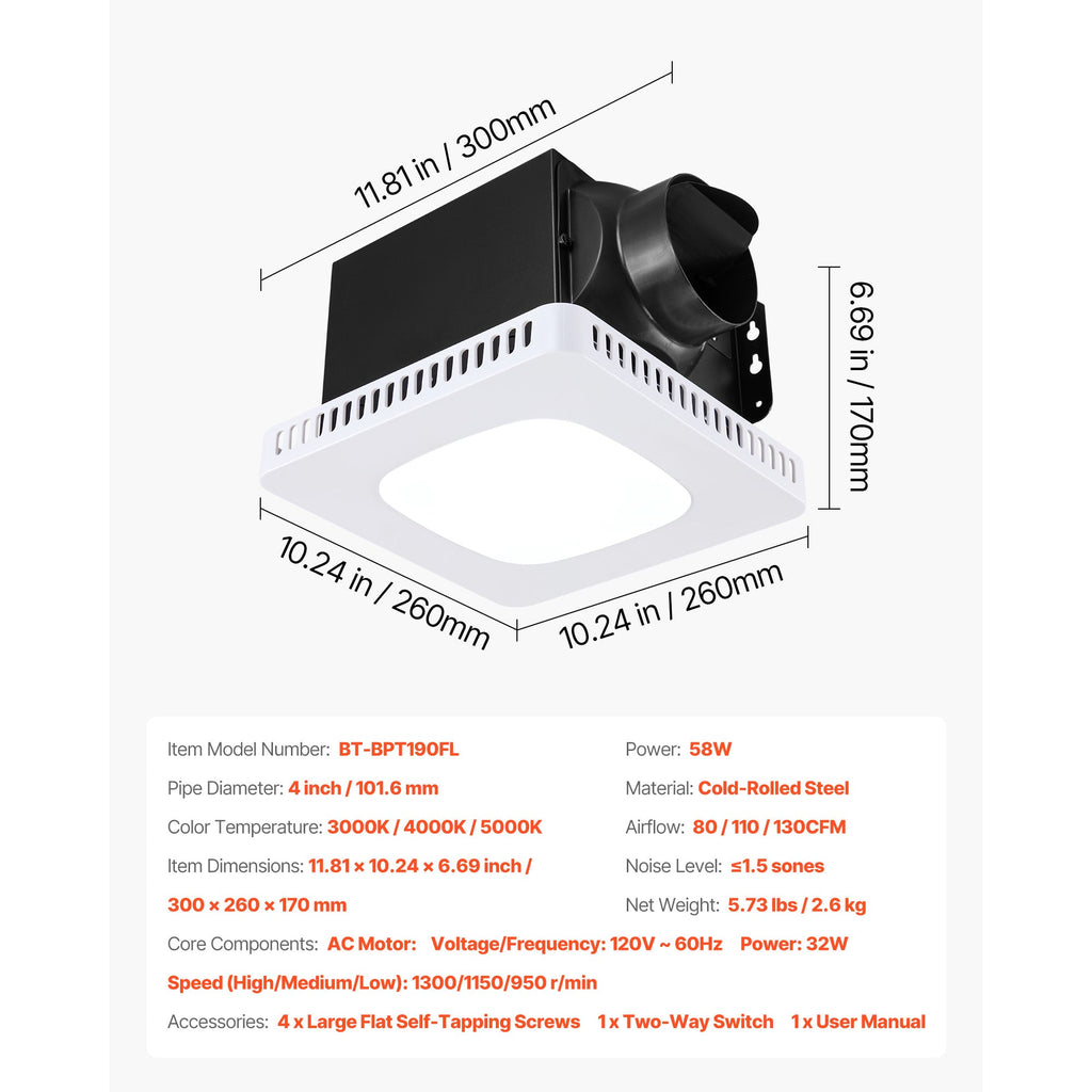 Bathroom Exhaust Fan with LED Light, 80-110-130 CFM