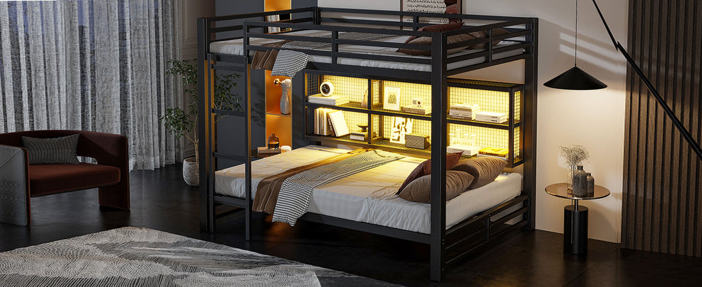Metal Queen Over Queen Bunk Bed with Storage Cabinets and LED