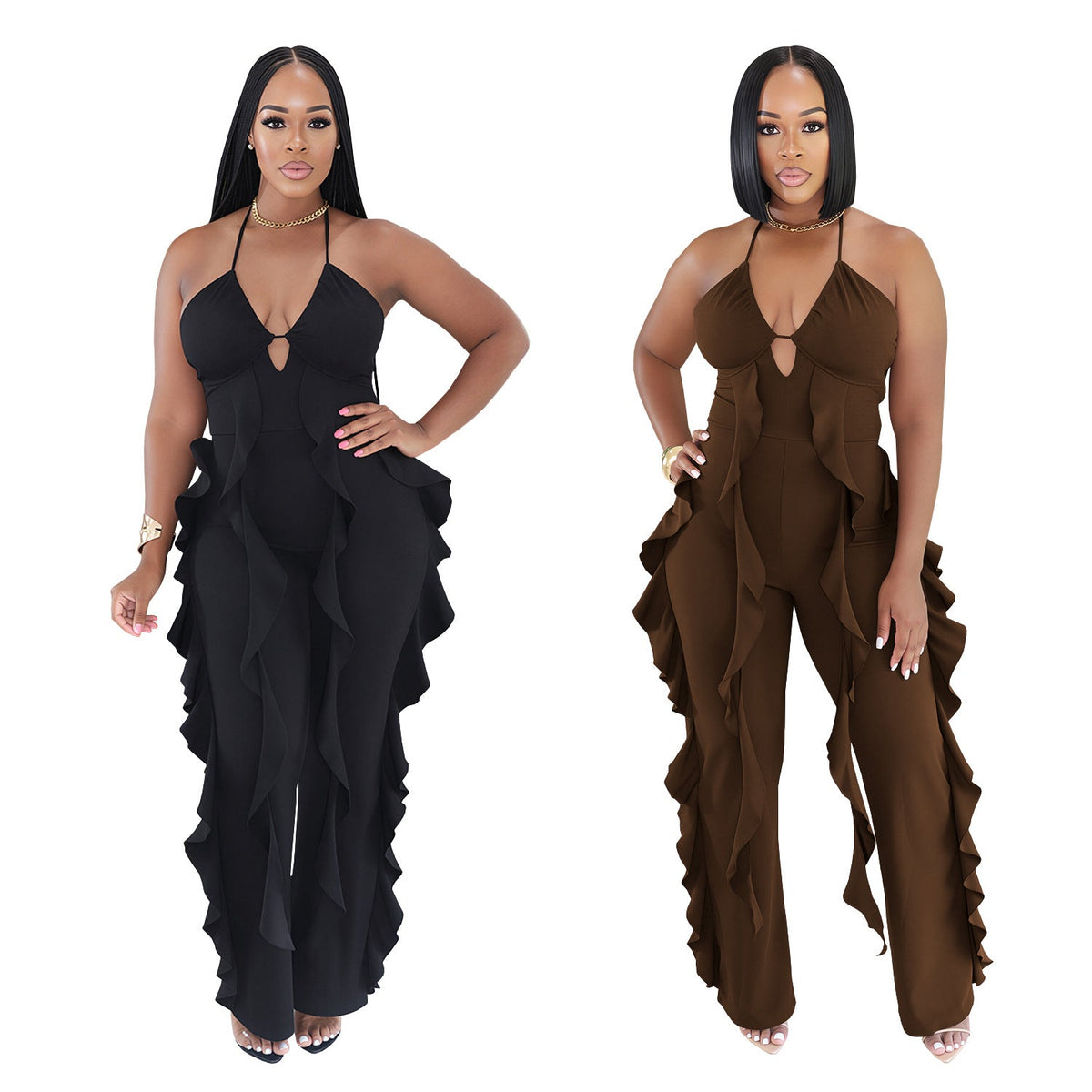 C7836 Cross-border 2026 New Women's Elegant Neck V-neck Ruffled High Waist Slimming Wide Leg Party Jumpsuit