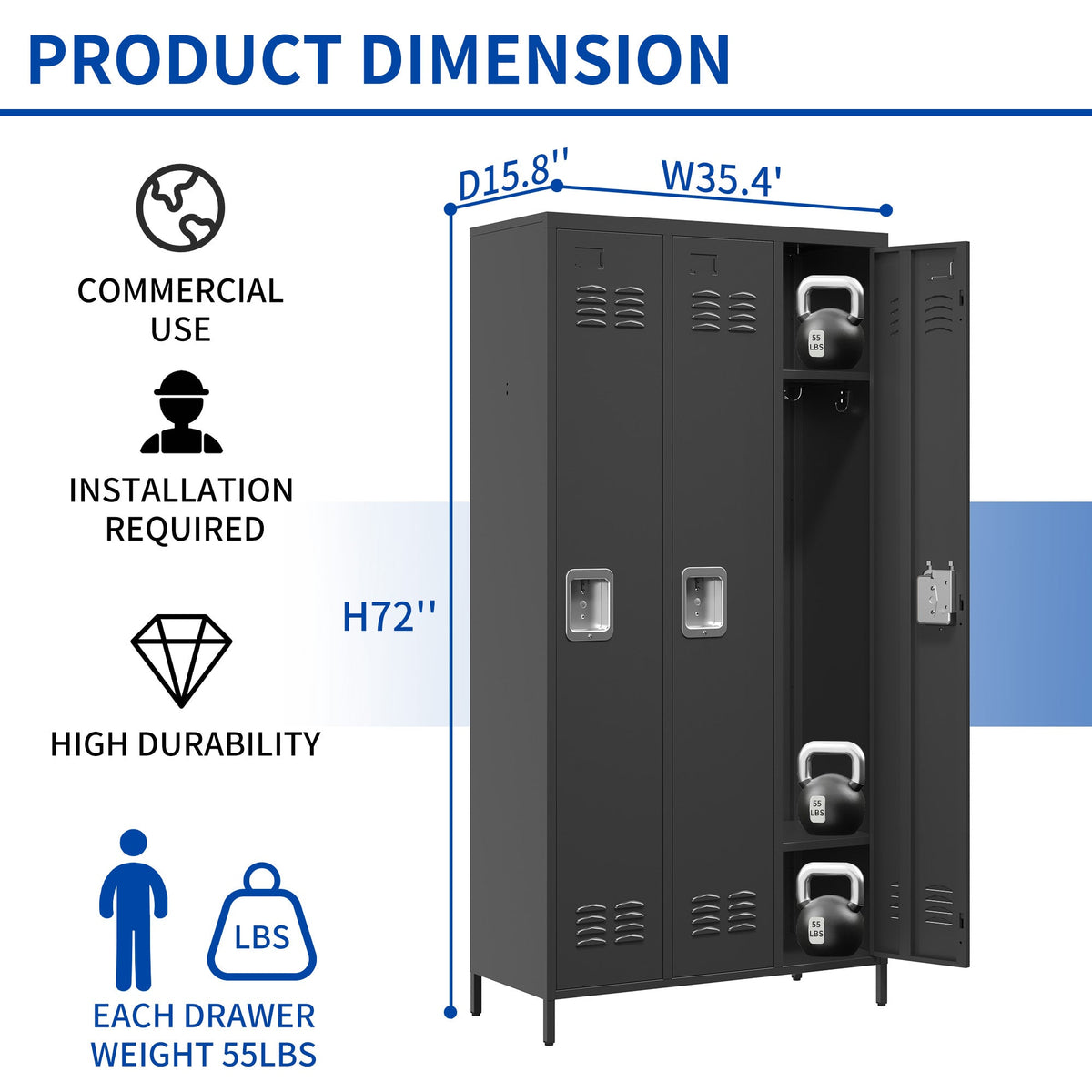 3 Door 72"H Metal Lockers With Lock for Employees