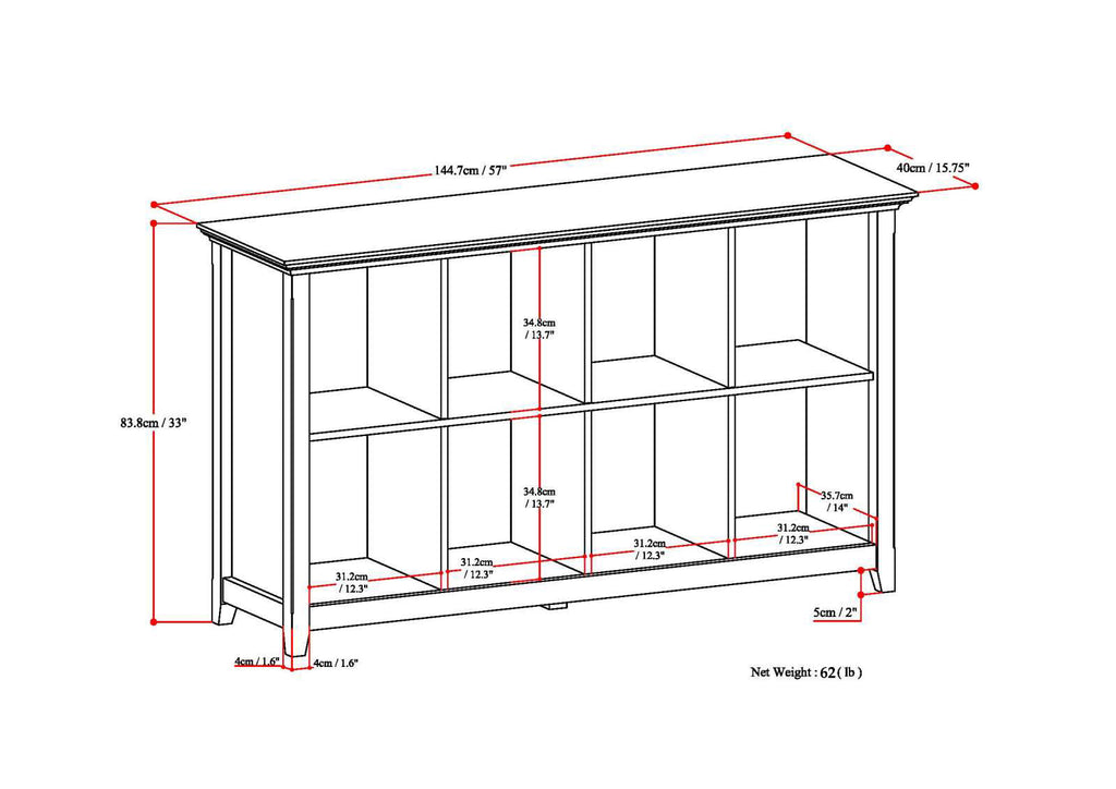 Amherst 57 Inch Wide Solid Wood 8 Cube Storage Sofa Table