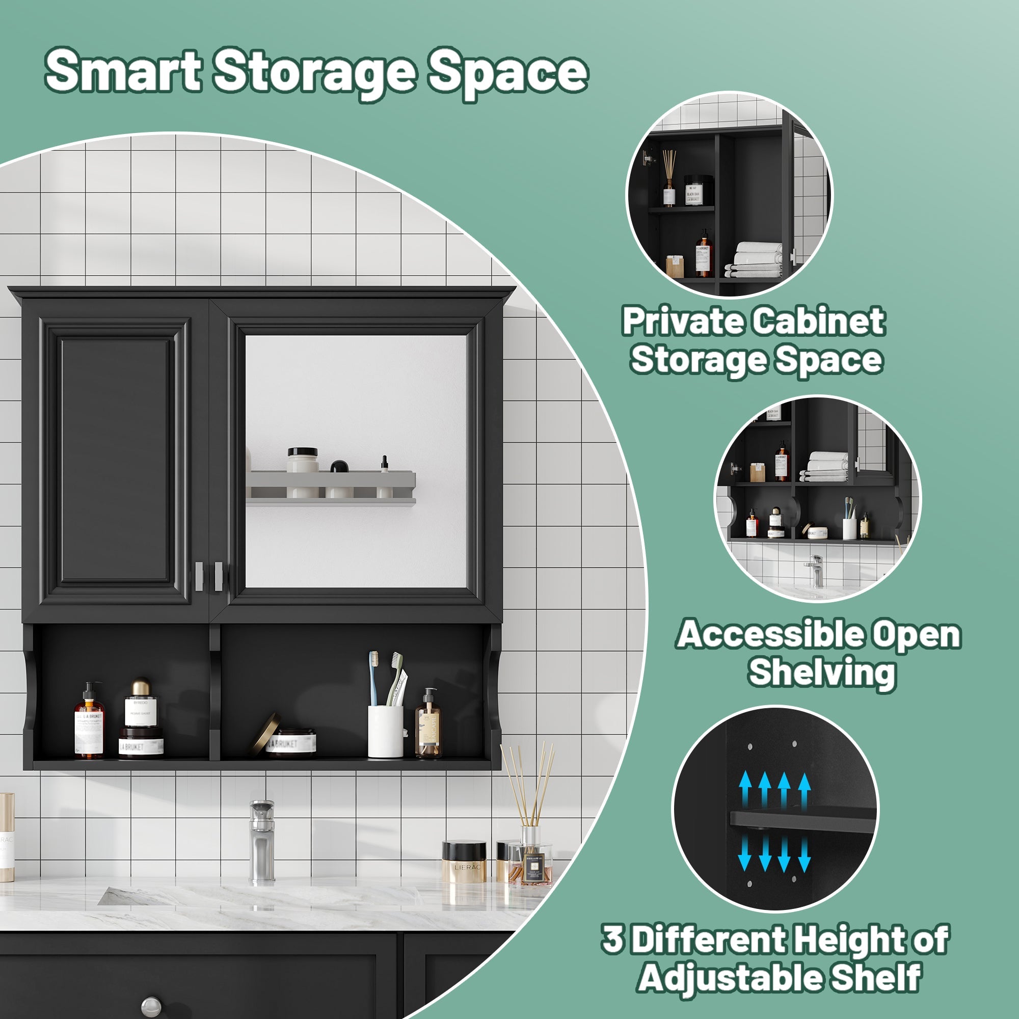 30 Inch Mirror Medicine Cabinet with Open Shelves