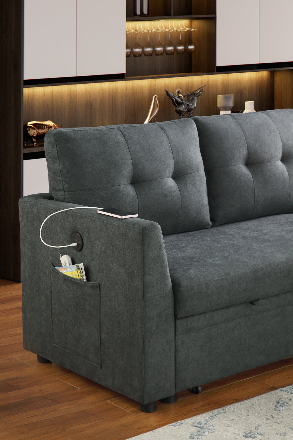 Reversible L-Shaped Sofa Bed with USB Port