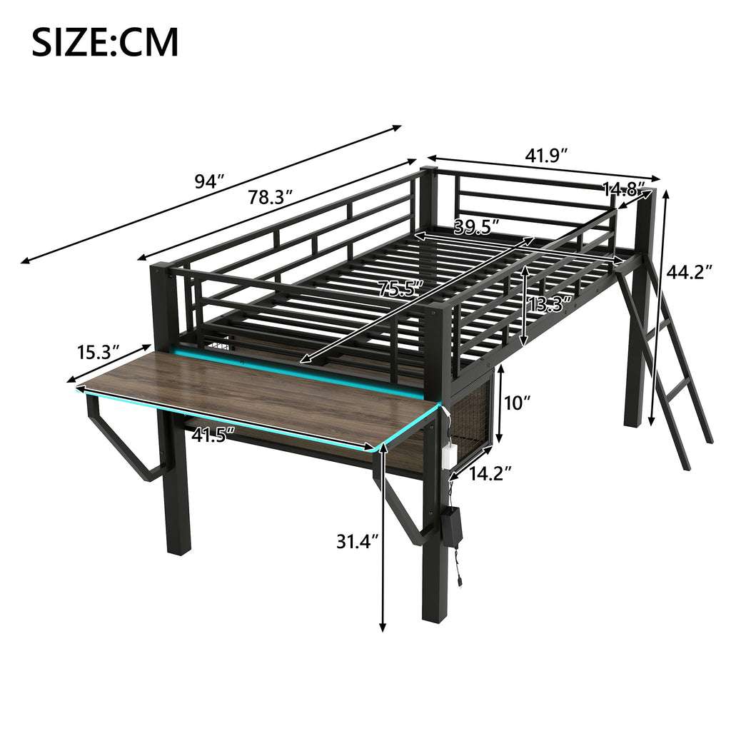 Gaming Mid Loft Bed With Desk & LED, Twin Size