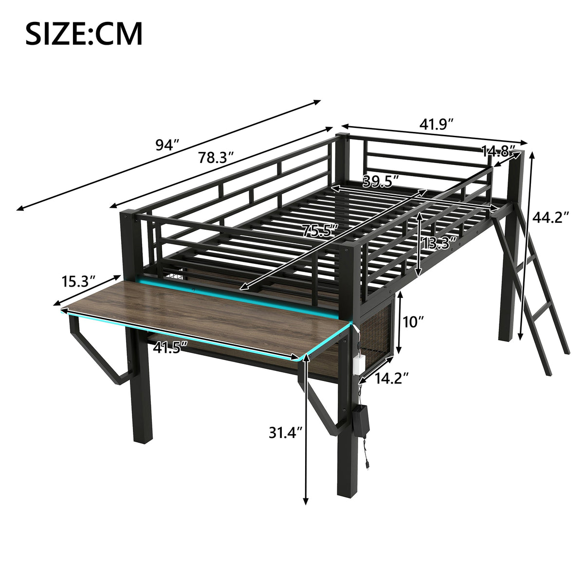 Gaming Mid Loft Bed With Desk & LED, Twin Size