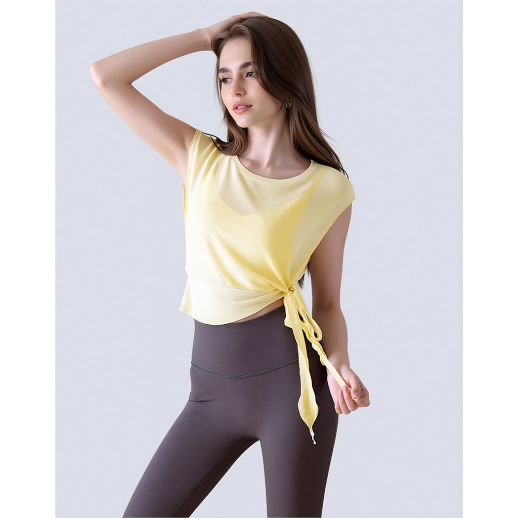 New Summer 2-Piece Yoga Outfit, Sports Short Sleeve Top With Built-in Bra Pads, Elegant Mesh Pilates Fitness Top