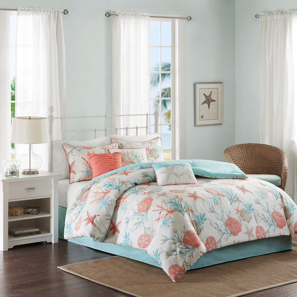 7 Piece Cotton Sateen Comforter Set Coral King