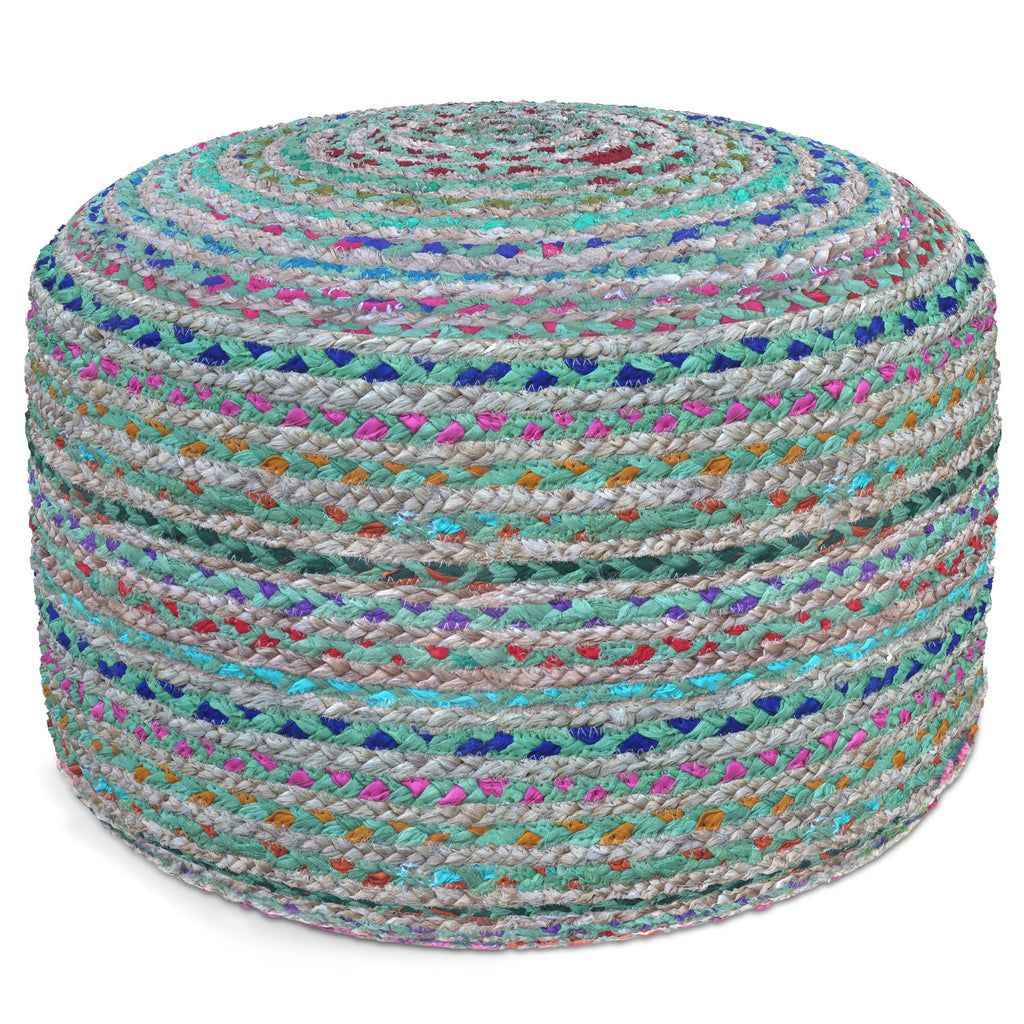 Margo 20 Inch Wide Round Pouf in Multi-Green Handwoven Jute and Cotton