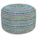 Margo 20 Inch Wide Round Pouf in Multi-Green Handwoven Jute and Cotton