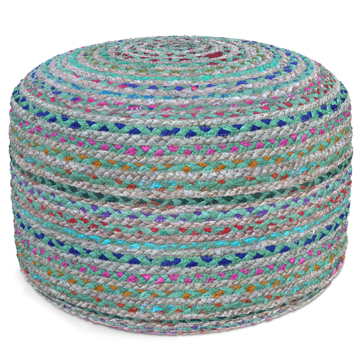 Margo 20 Inch Wide Round Pouf in Multi-Green Handwoven Jute and Cotton
