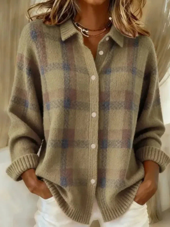 European And American Cross-Border Amazon Independent Station Women's Casual Loose Autumn And Winter Plaid Long-Sleeved Lapel Shirt Sweater Cardigan