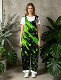 Women Black Green Lightning Print Tie Strap Overalls, Loose Wide Leg Rolled Cuff Casual Jumpsuit With Pockets