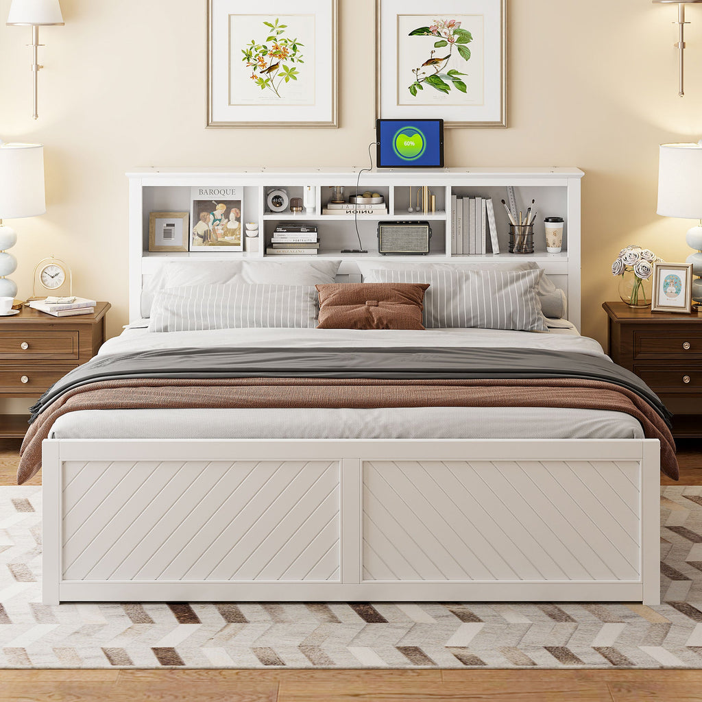 King Size Wood Platform Bed with Multi-storage Headboard, USB and Drawers