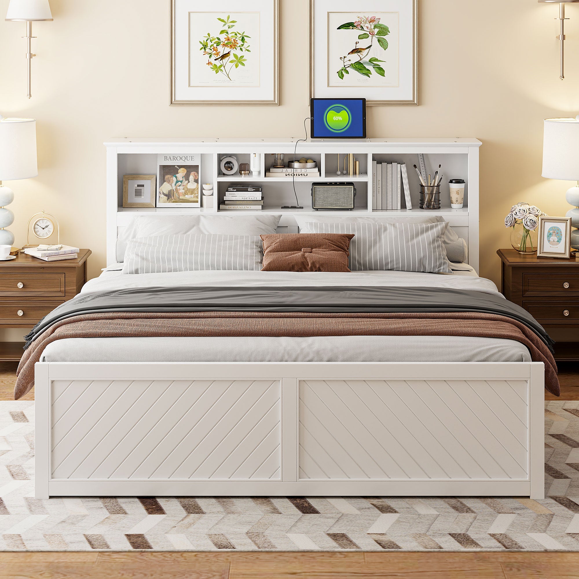 King Size Wood Platform Bed with Multi-storage Headboard, USB and Drawers