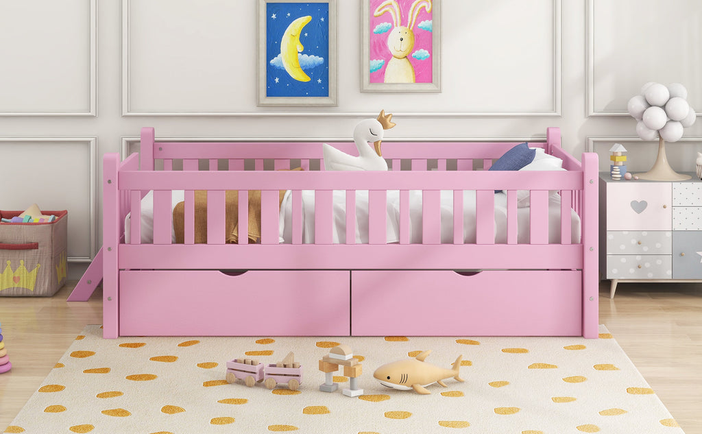 Wood Twin Size Platform Bed with Guardrail and 2 Drawers