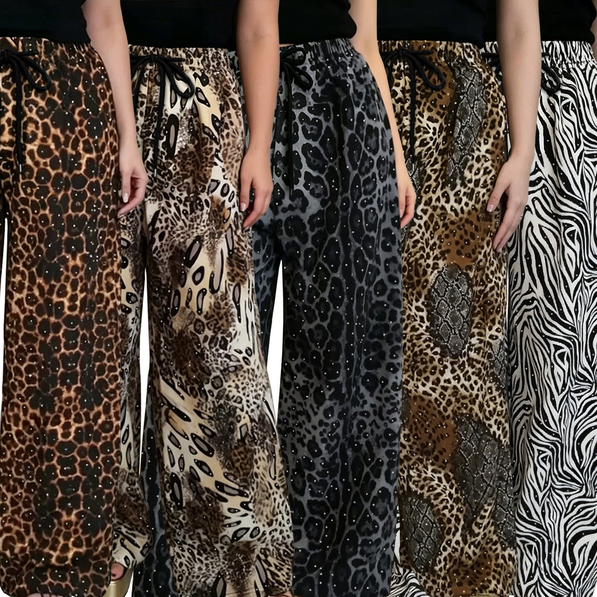 C7768 Cross-border 2026 New Women's Fashion Rhinestone Drawstring Loose Wide-Leg Pants Vintage Animal Print Casual Trousers