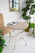 D31.5x31.5" Round Wooden Table with Metal Scrollwork Legs