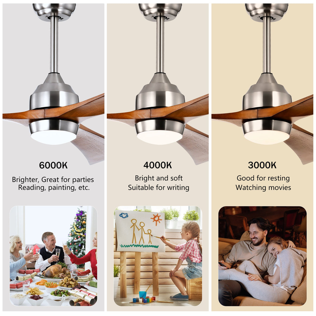 52" Solid Wood Blades Ceiling Fan with Lights & Remote Control