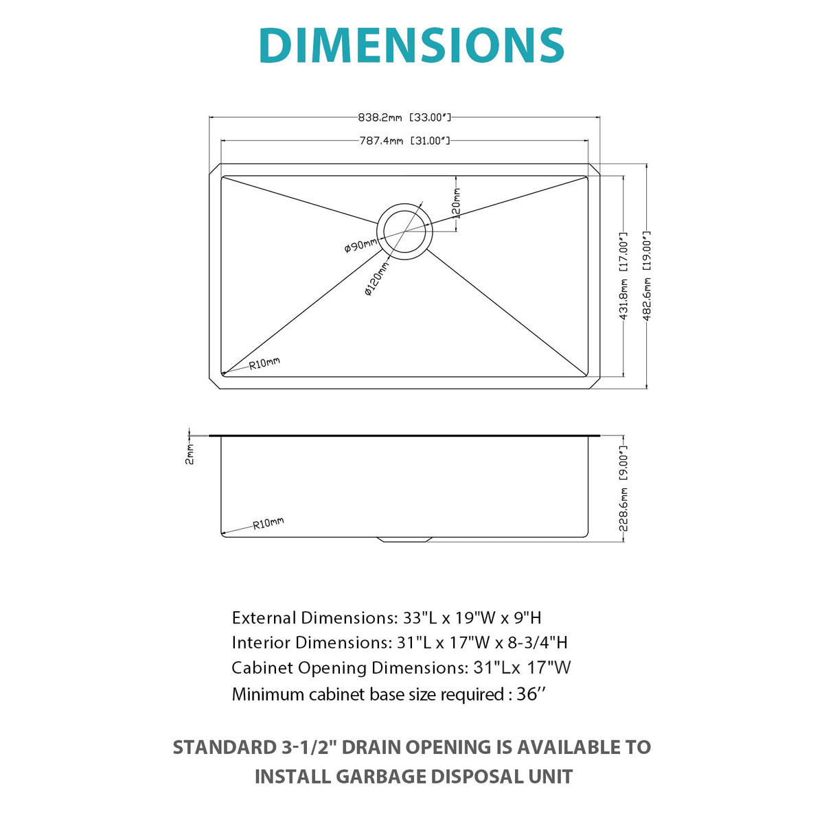 33 Inch Undermount Sink - Stainless Steel Kitchen Sink