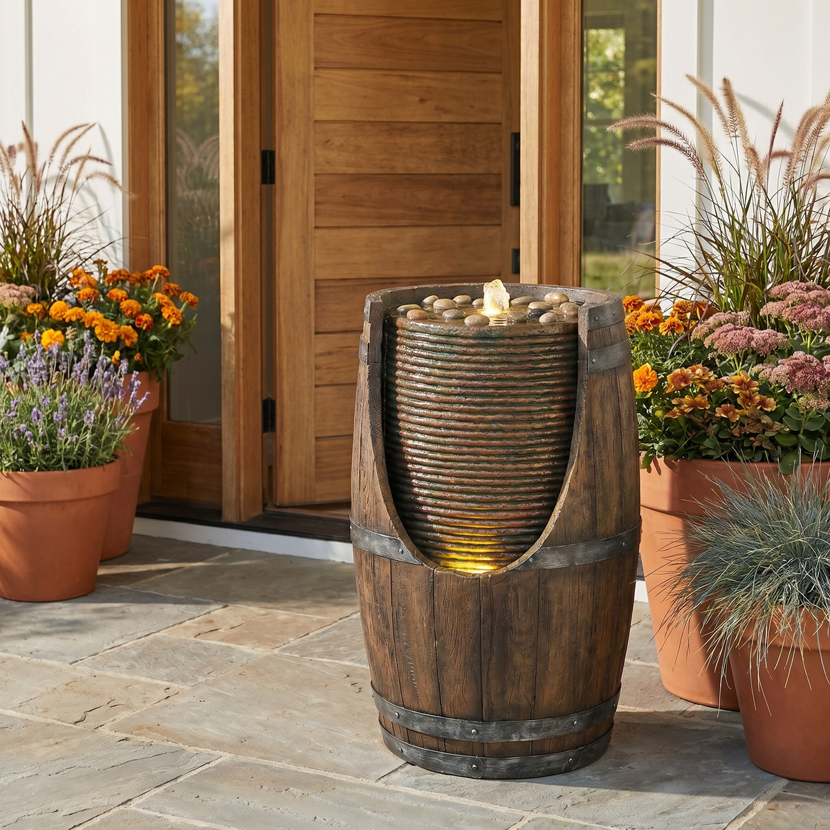 Outdoor Barrel Water Fountain with Lights