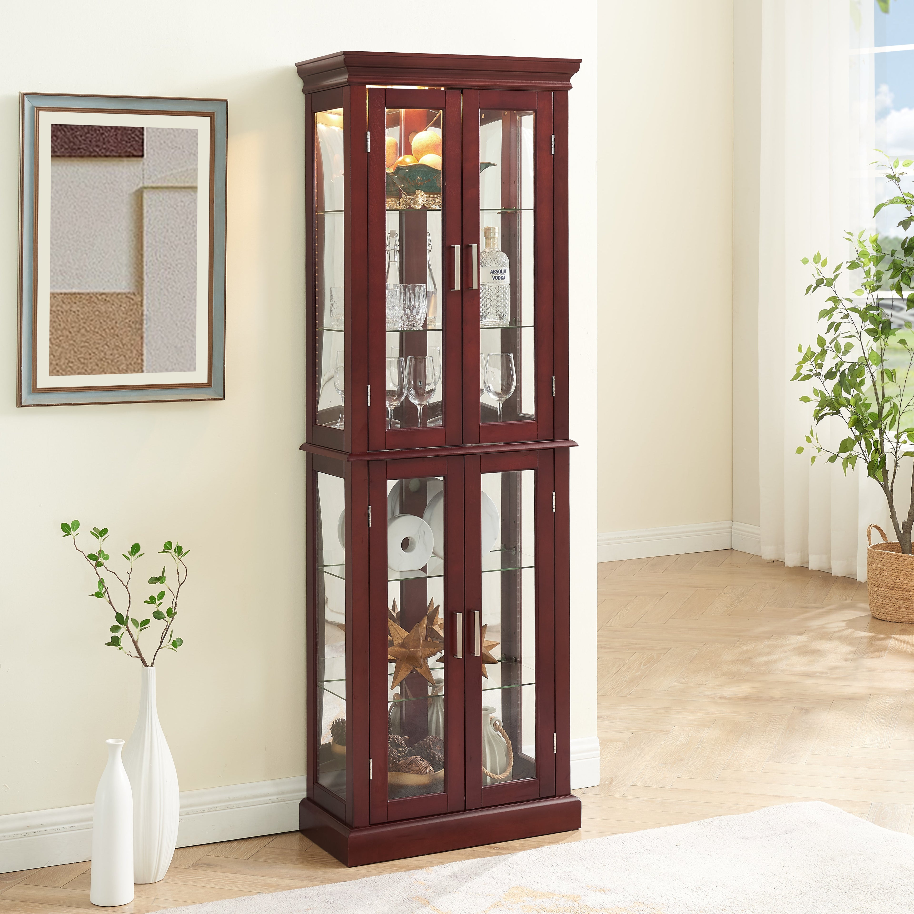 Lighted Curio Cabinet with Adjustable Shelves and Mirrored Back