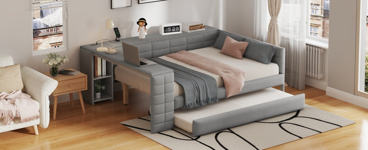 Full Size Upholstered Platform Bed with Storage Shelves, Desk, Charging Station and Trundle