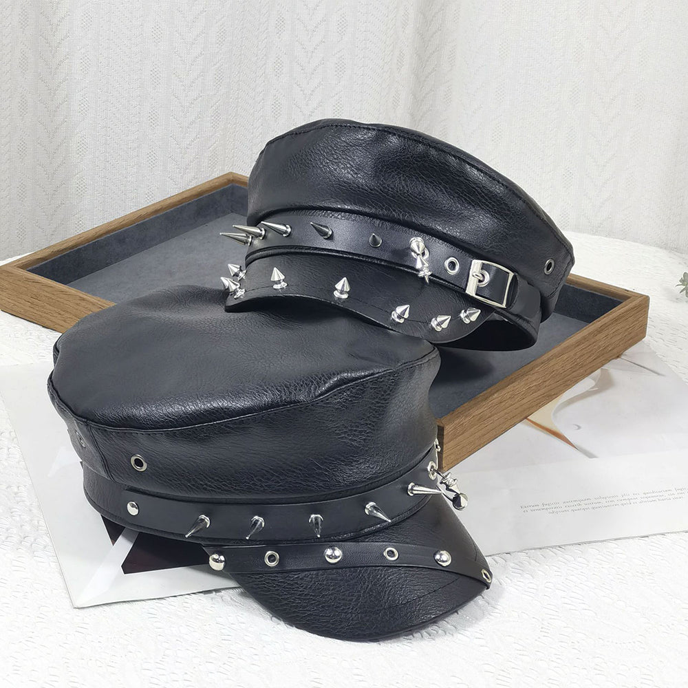 Punk Chain Rivet PU Newsboy Hat, Cool And Bold Girl Style Navy Hat, Halloween Dark-themed Outfit Hat