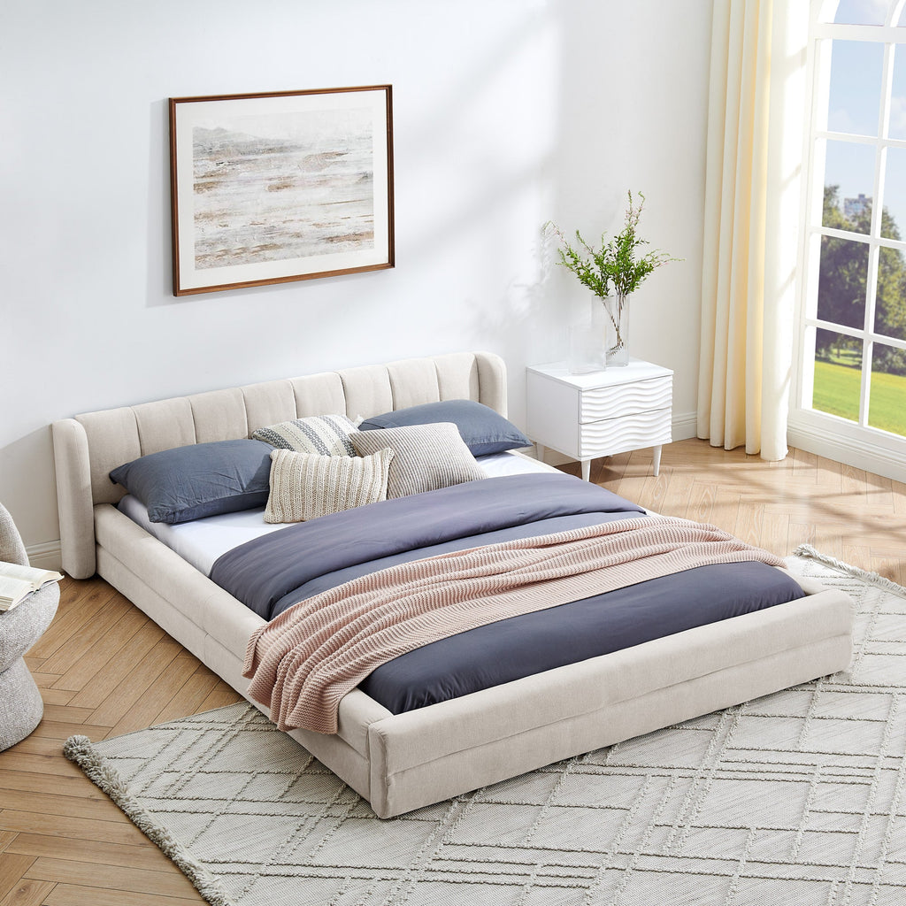 Queen Size Upholstered Bed Frame with Thick Fabric - Beige