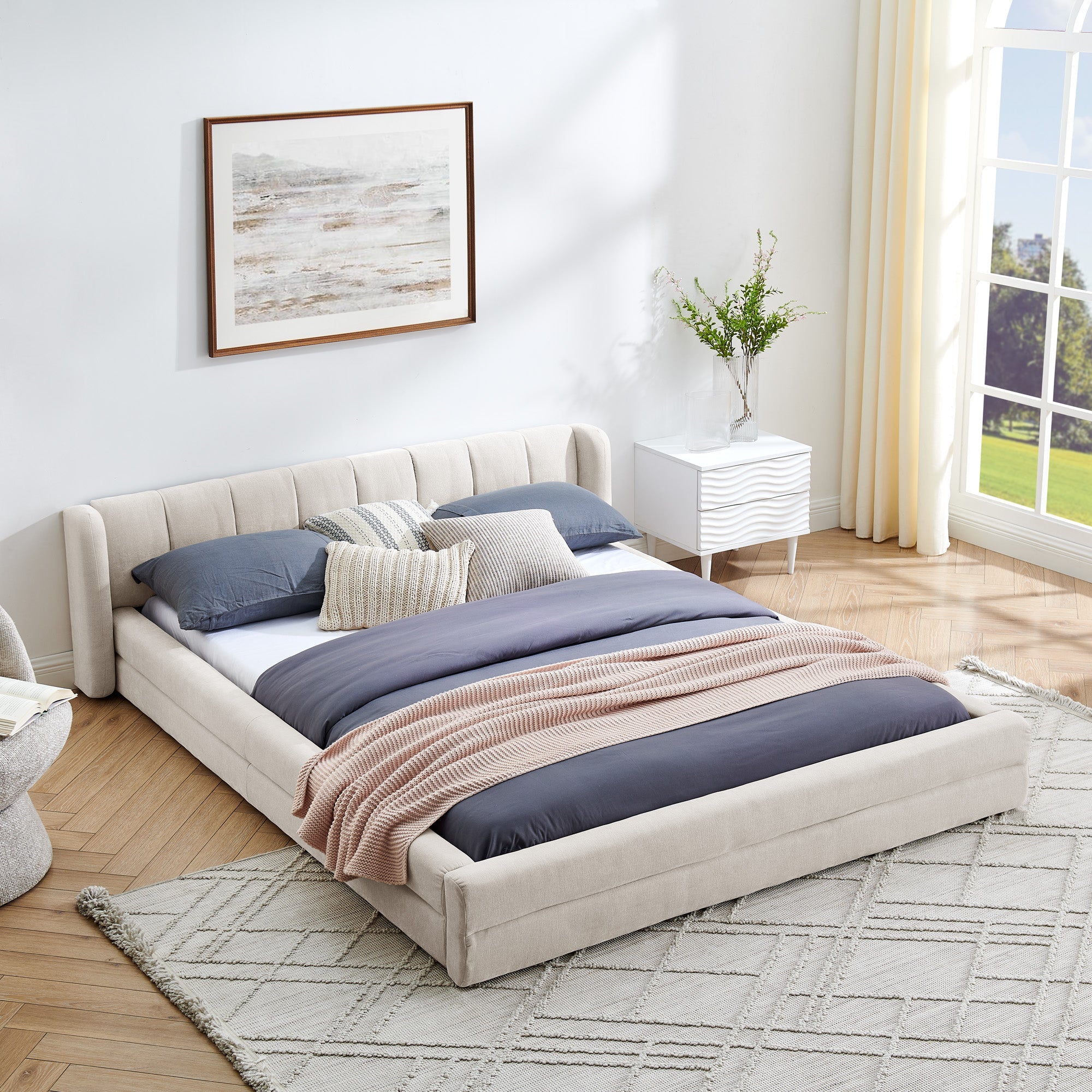 Queen Size Upholstered Bed Frame with Thick Fabric - Beige