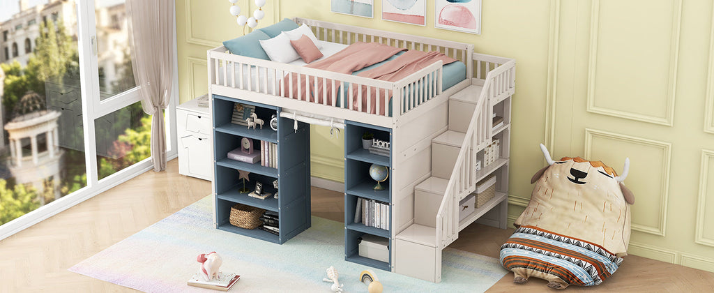 Full Size Loft Bed with 2 Four-layer Storage Cabinets and Curtain